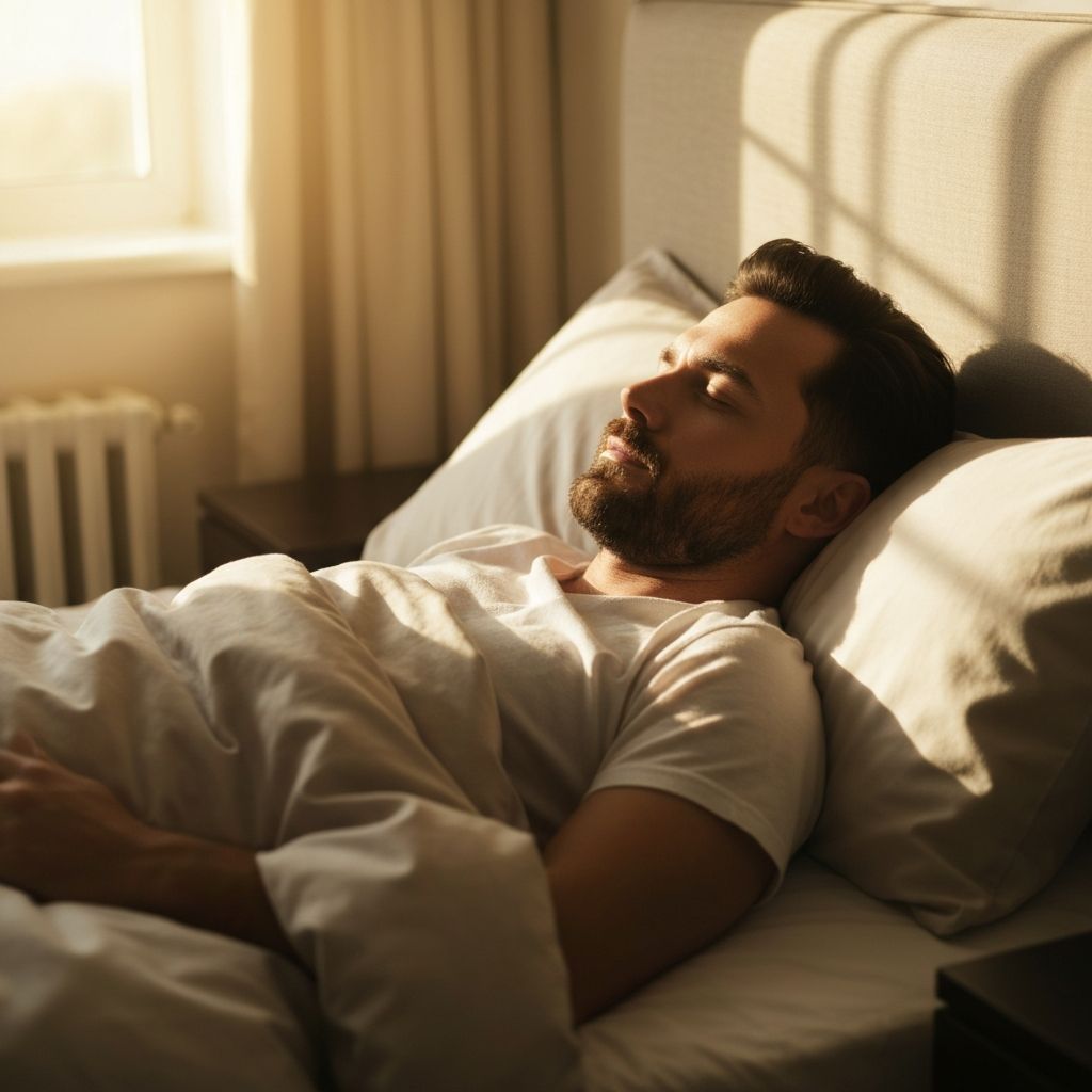 Мушкарац мирно спава у удобном кревету са природном светлошћу из прозора