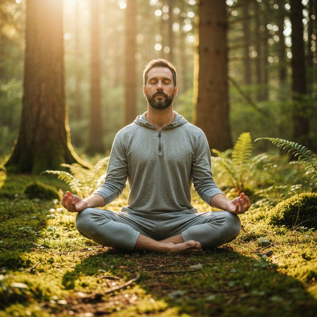 Мушкарац медитира у миру природе, контемплација и ментално благостање